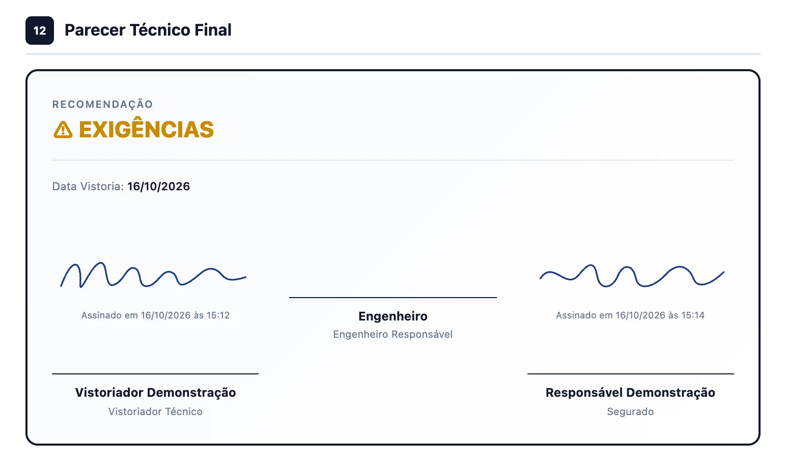 Etapa Registro: folha do laudo digital, parecer técnico final, com dados de demonstração.